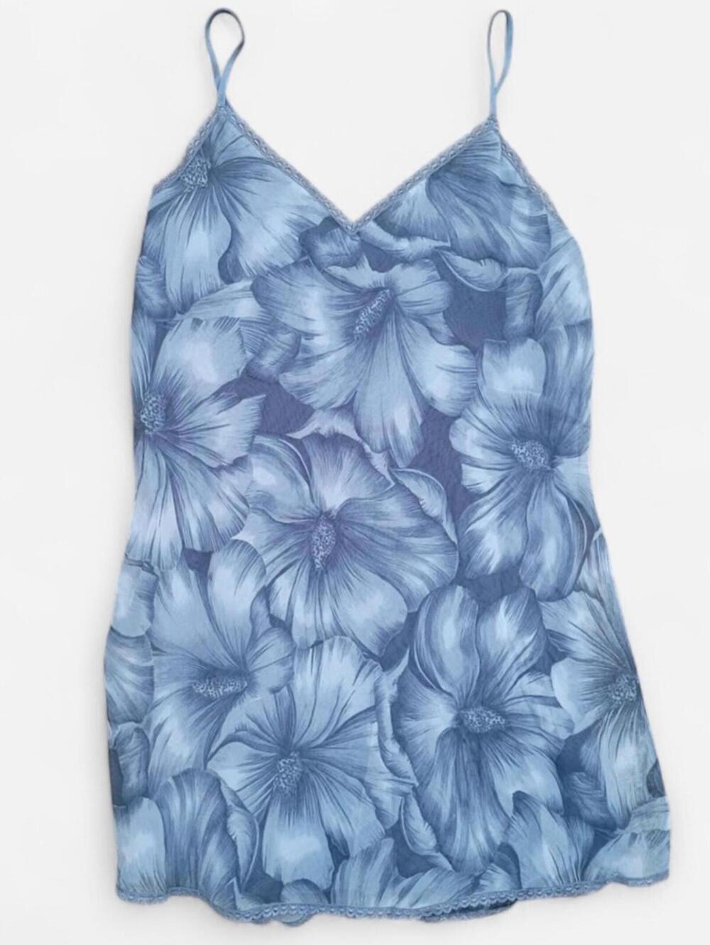 Floral Sheer Overlay Blue Hibiscus Flower Slip Dress